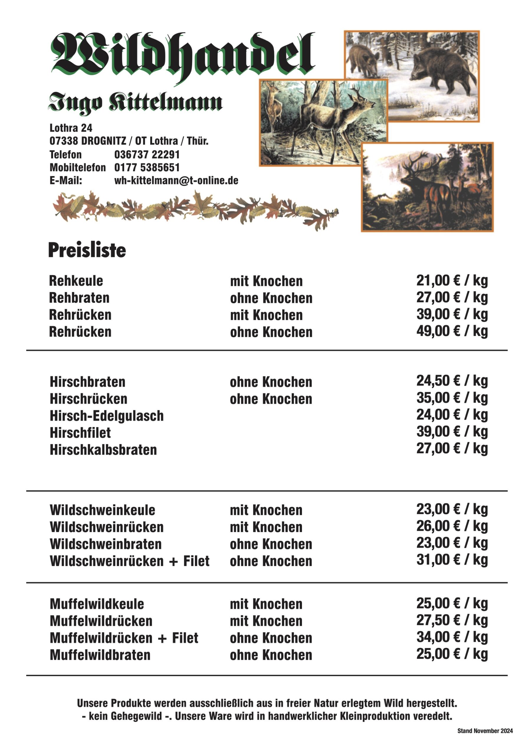 Wildhandel Kittelmann – Frischfleisch Produktübersicht